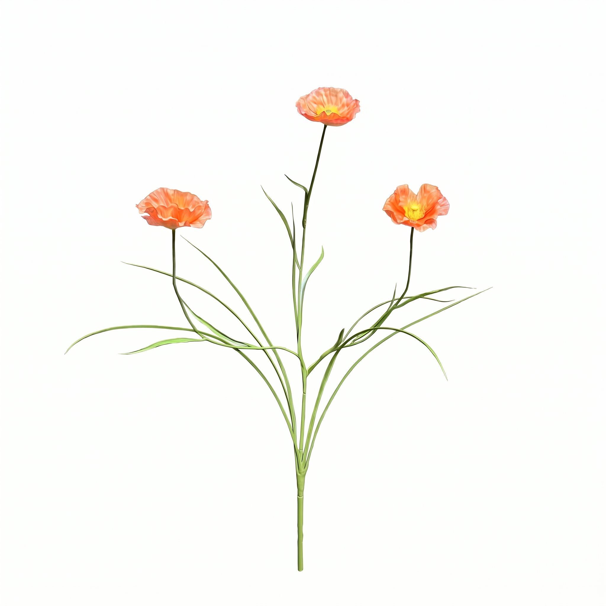 Een levensechte perzikkleurige kunstbloem klaproos met drie bloeiende bloemen en groene grassprieten, 68 cm lang, geïsoleerd op een witte achtergrond.