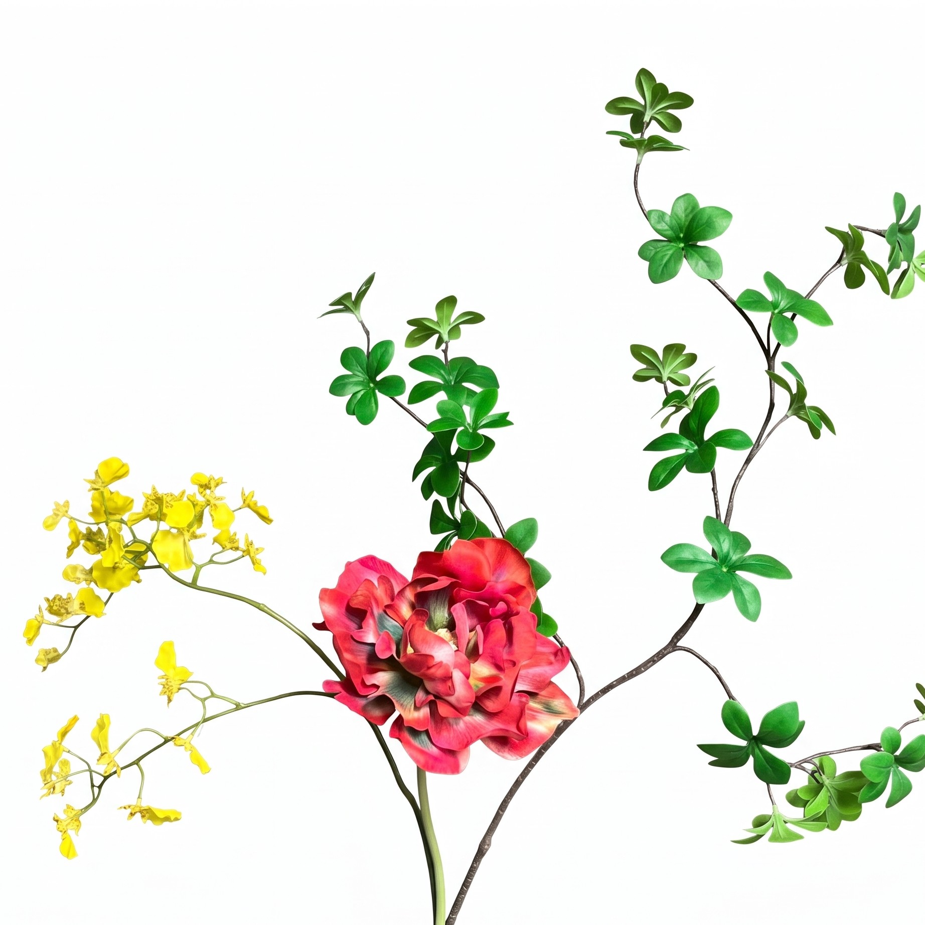 Gestyleerde schikking van de gele orchideetak, rode tulp en groene bladtak als een speels boeket