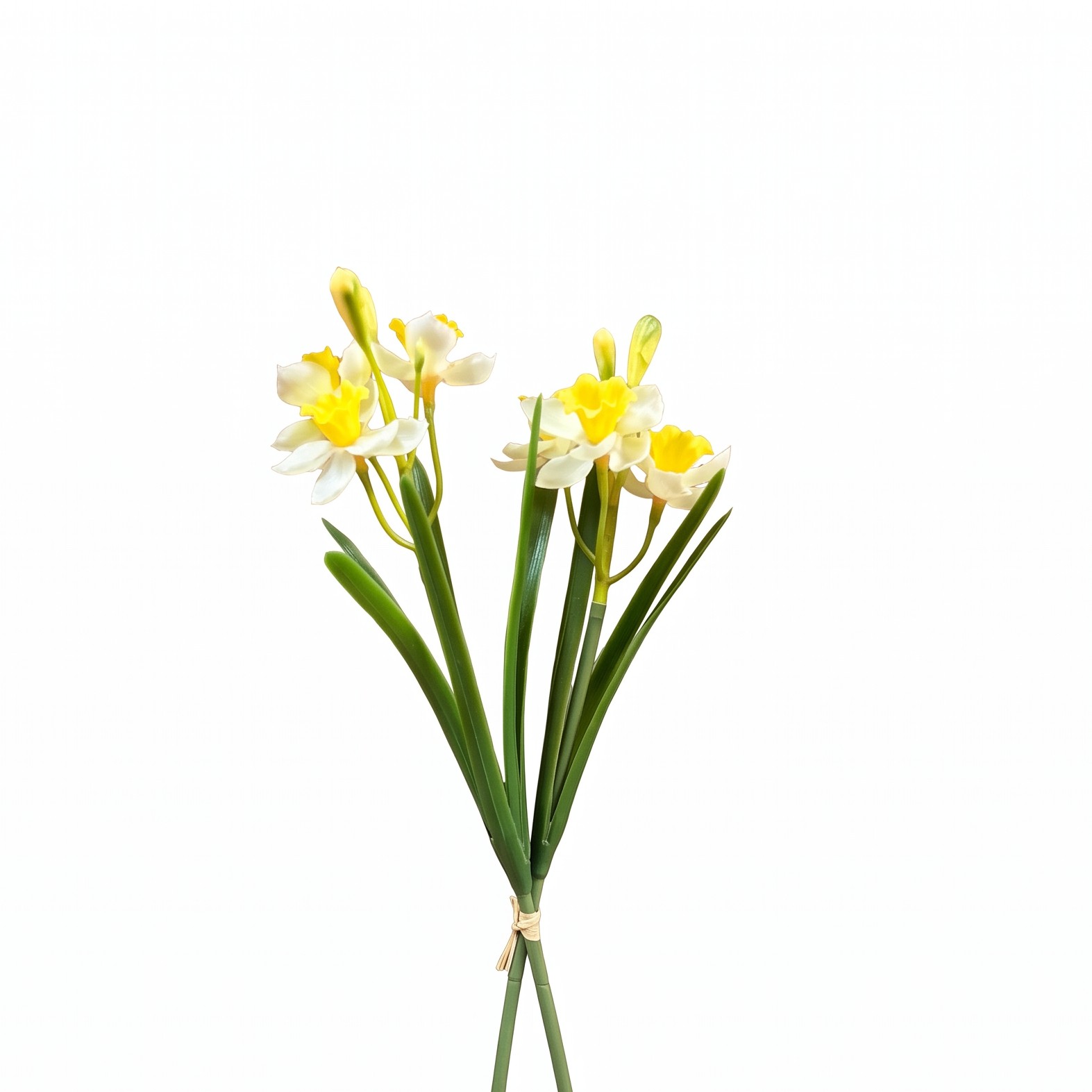 Volledig overzicht van het realistische kunstboeketje narcissen gebonden met touw.