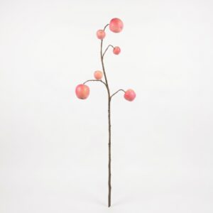 Realistisch uitziende kunsttak van een appeltak (87 cm) met kleine, perzik-roze sierappeltjes, gefotografeerd tegen een witte achtergrond.