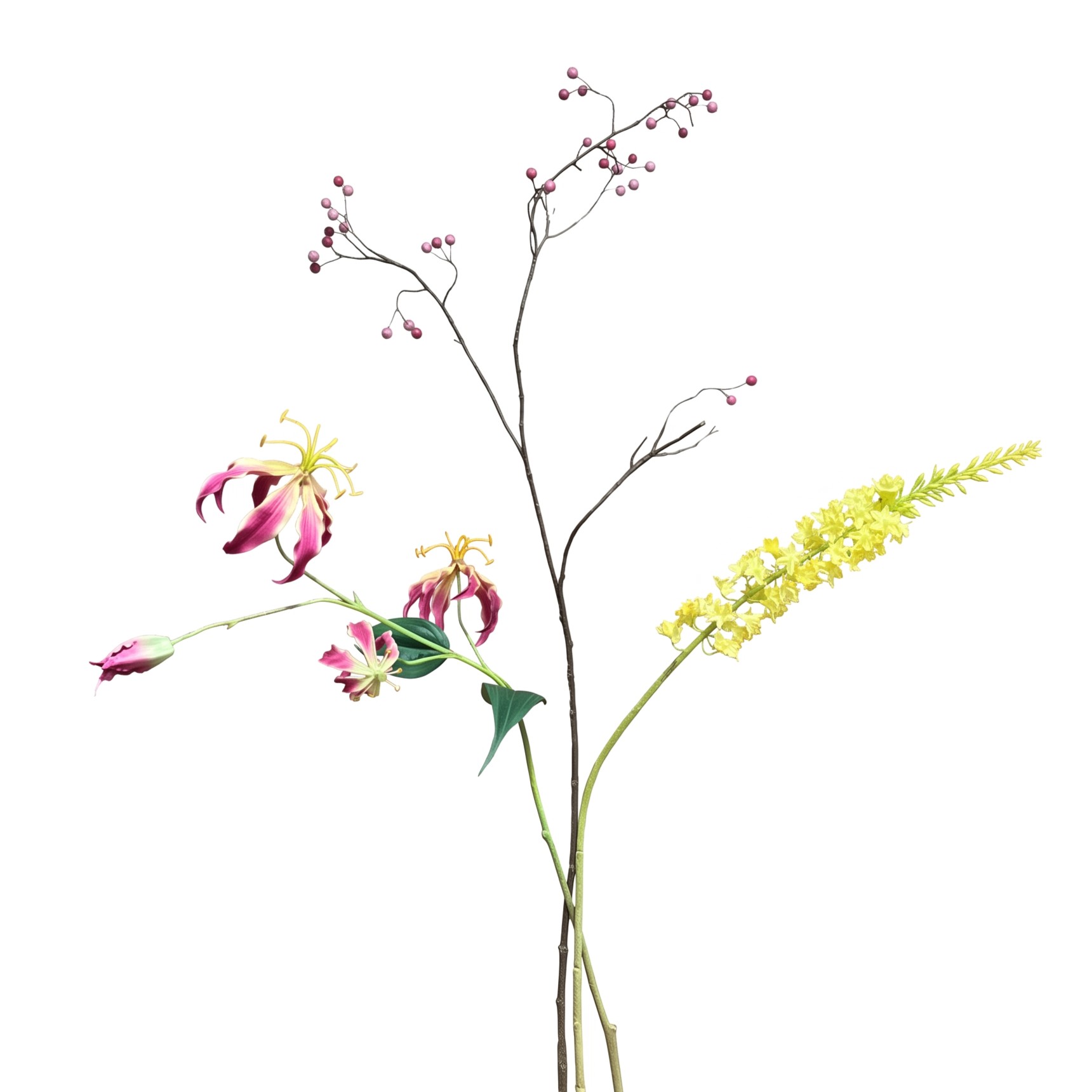 Exclusieve kunsttakken combi set met roze Gloriosa, gele Eremurus en sierlijke bessentak