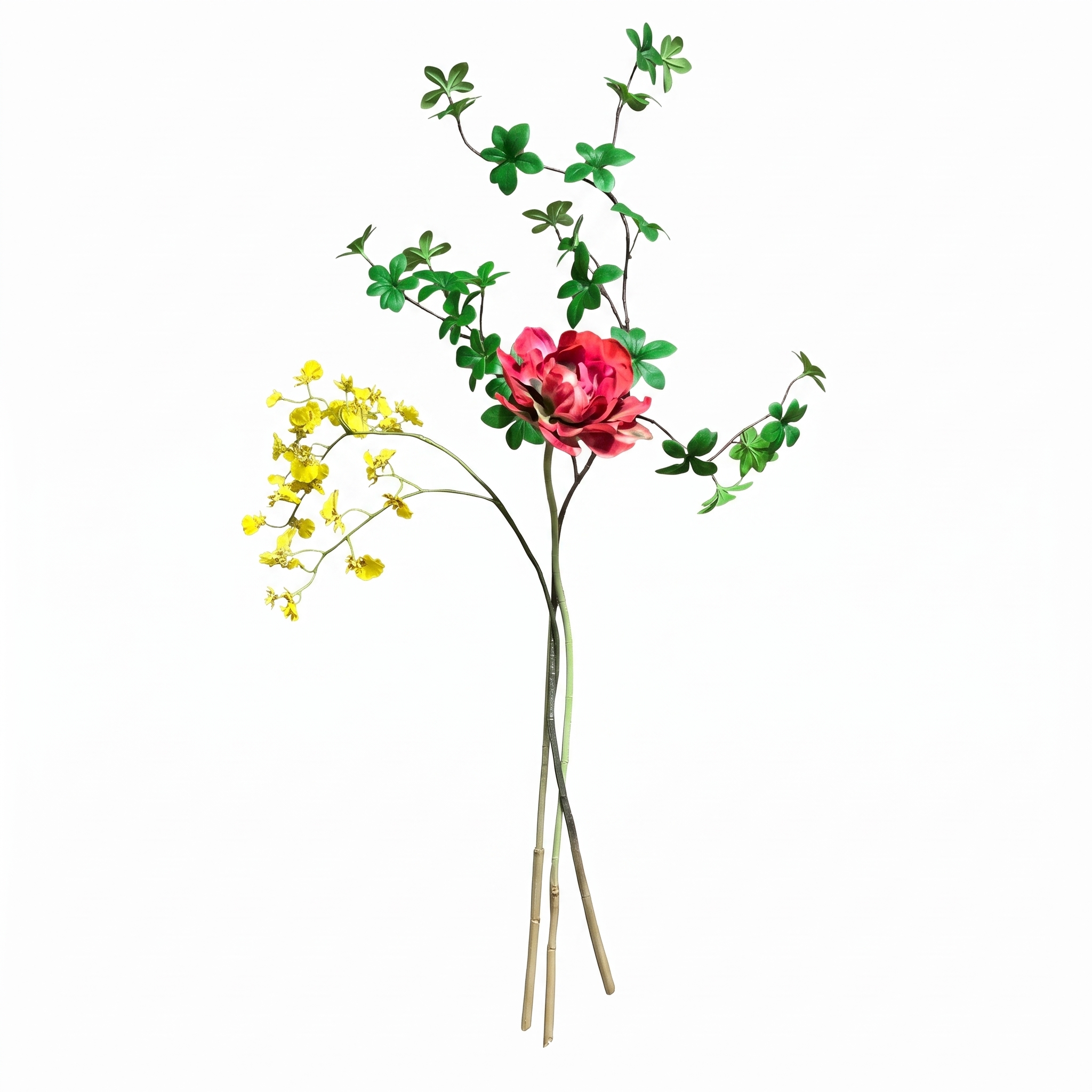 Complete 3-delige set van zijden kunsttakken met een gele orchidee, rode tulp en groene bladtak op een witte achtergrond