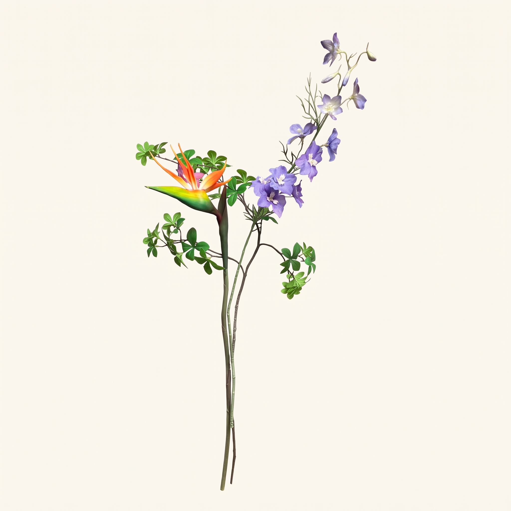 Complete zijden kunsttak combinatie met oranje Strelitzia, paarse Delphinium en groen blad