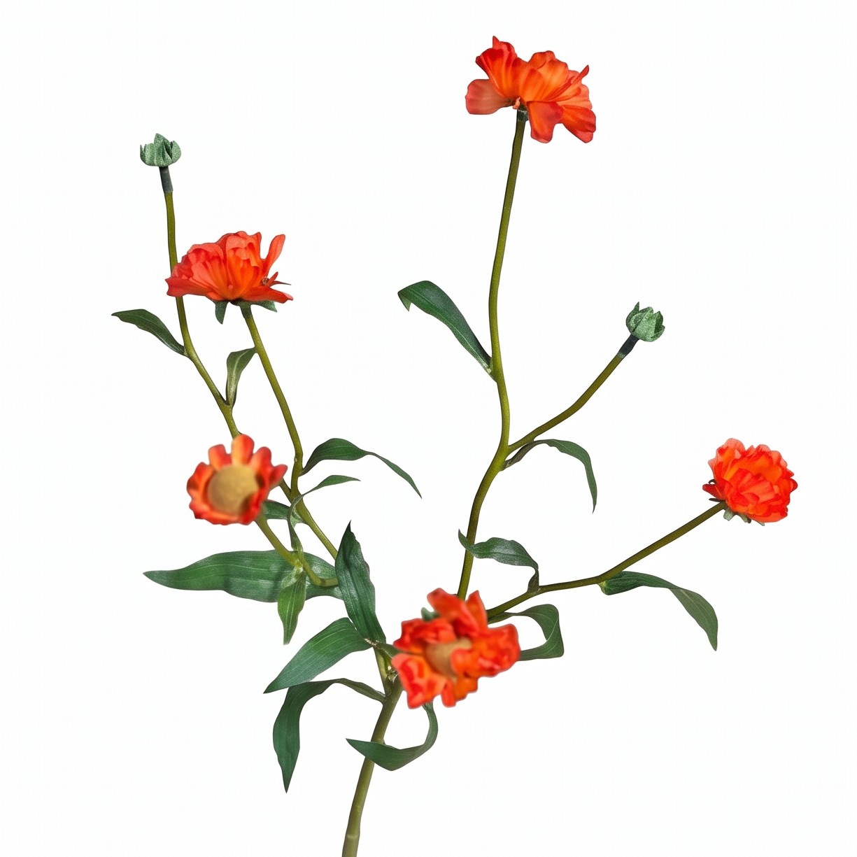 Vertakte oranje kunstbloem nagelkruid met knoppen en geopende bloemkoppen