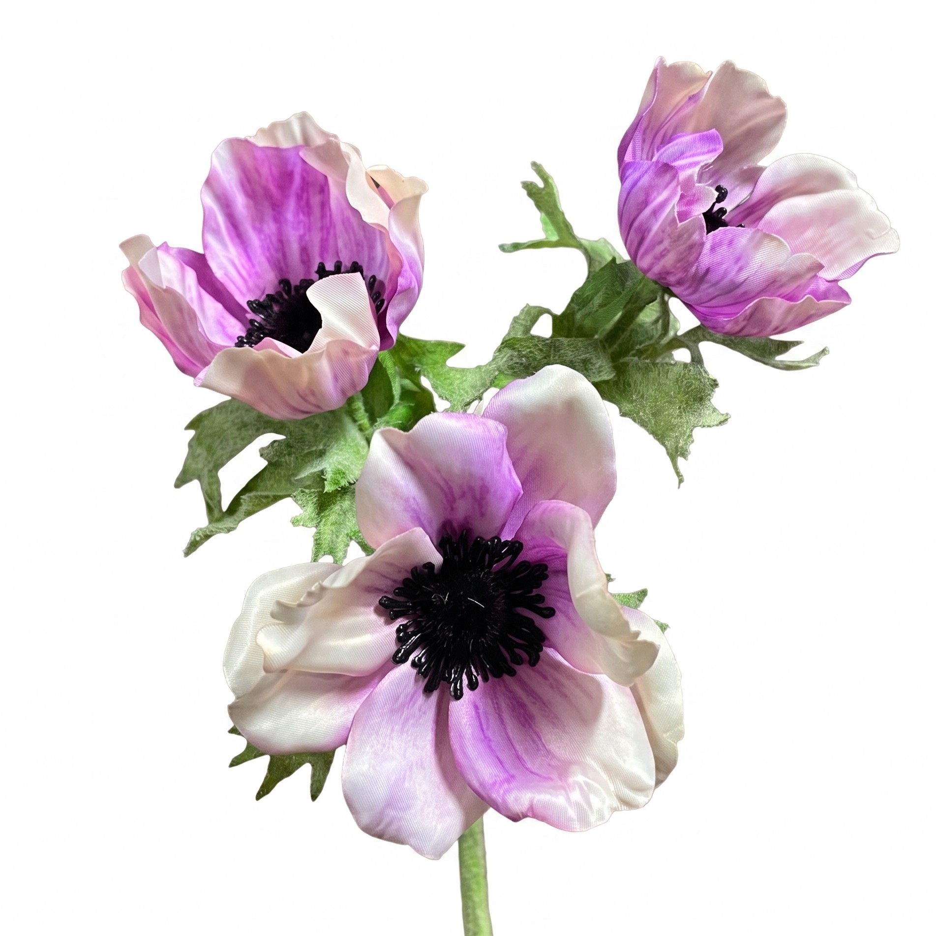 Vooraanzicht van drie roze en witte bloemhoofden van de zijden anemoon kunstbloem