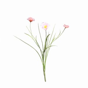 Tak van een roze kunstbloem klaproos met 3 open bloemen en groene grassprieten, 68 cm hoog.