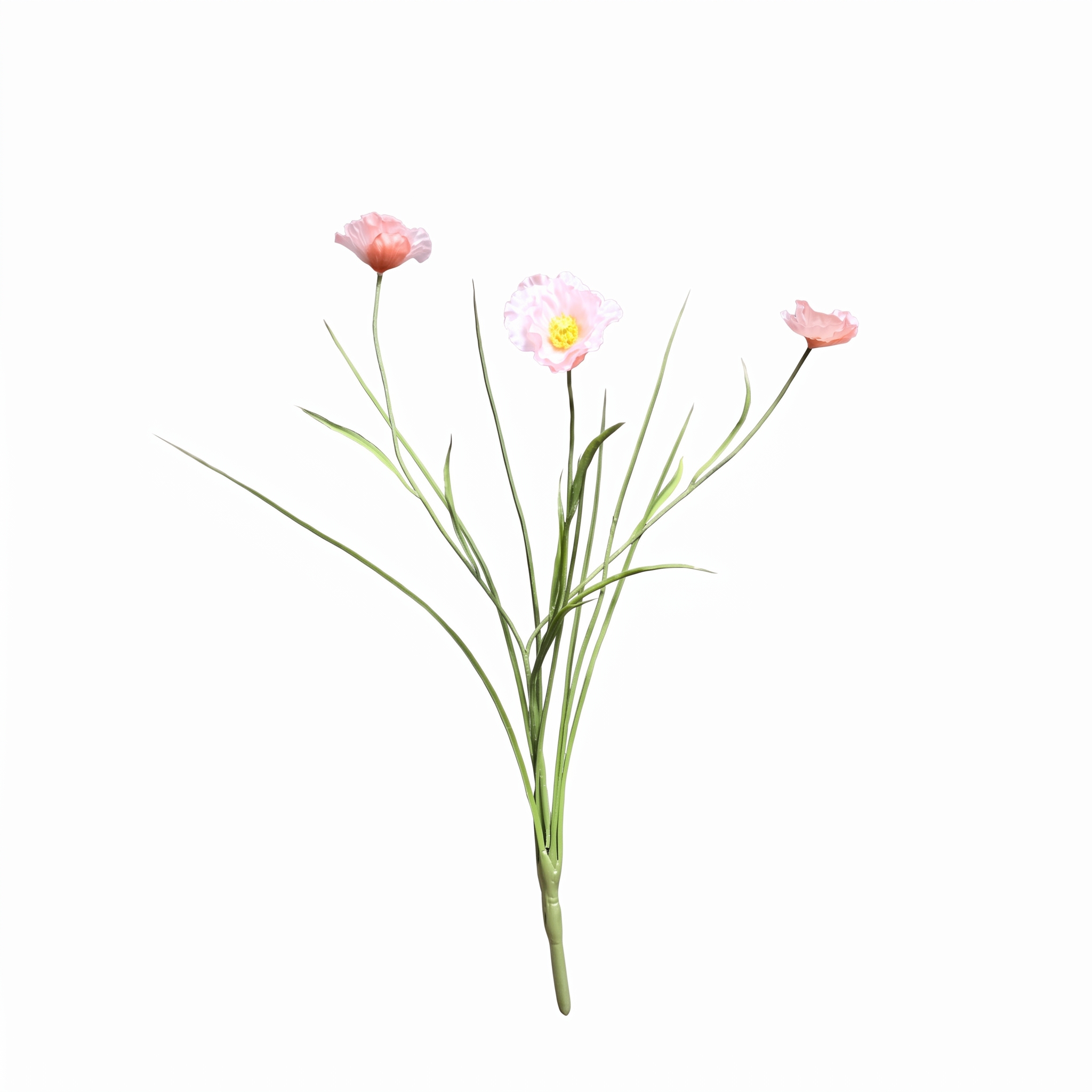 Tak van een roze kunstbloem klaproos met 3 open bloemen en groene grassprieten, 68 cm hoog.
