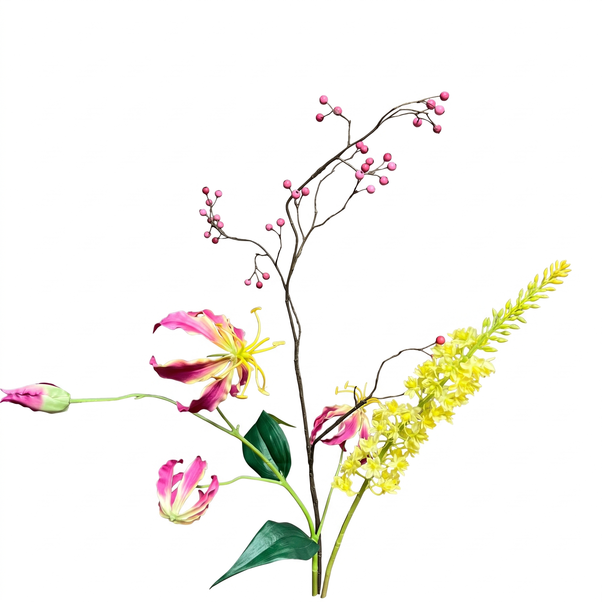 Exclusieve kunsttakken combi set met roze Gloriosa, gele Eremurus en sierlijke bessentak